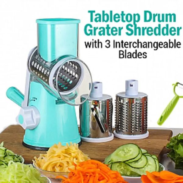 Manual Tabletop Drum Cheese Grater, 3 In 1 Rotary Shredder Slicer Grinder